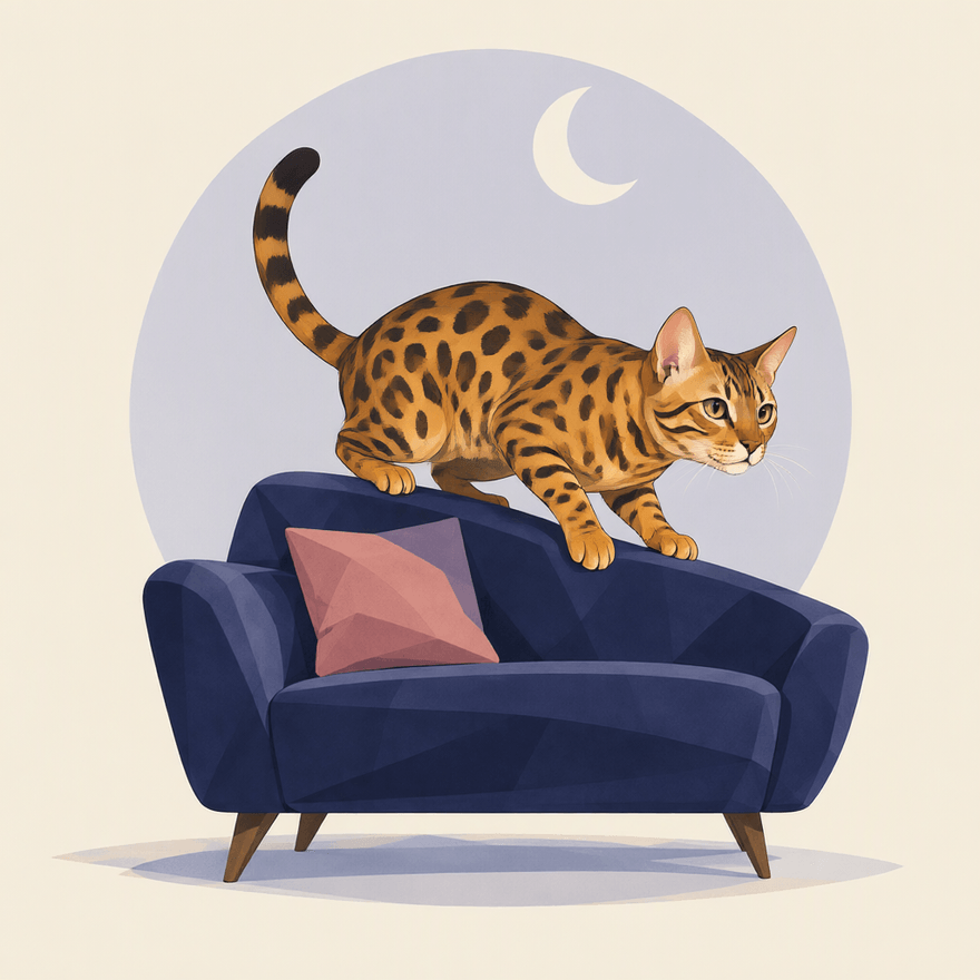 金色玫瑰斑豹猫跃过沙发，四腿伸展，头顶弯月
