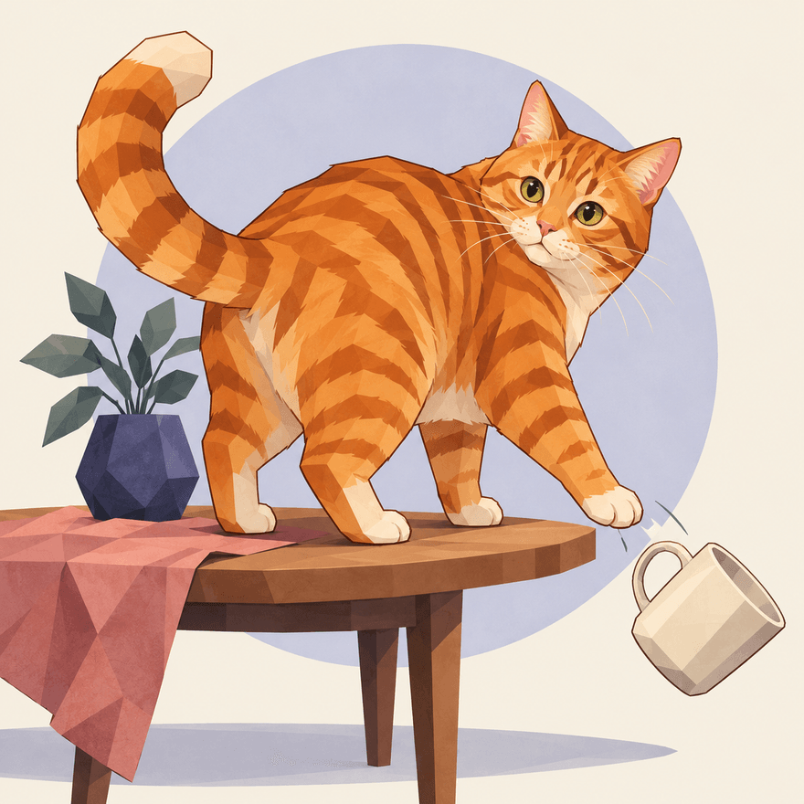 橘色虎斑猫在桌沿推杯子的拆家主理人插画